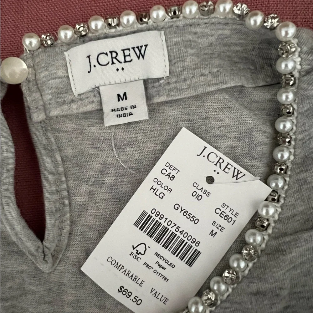 J. Crew Gray Pearl and Crystal Embellished Tee Size‎ Medium NWT